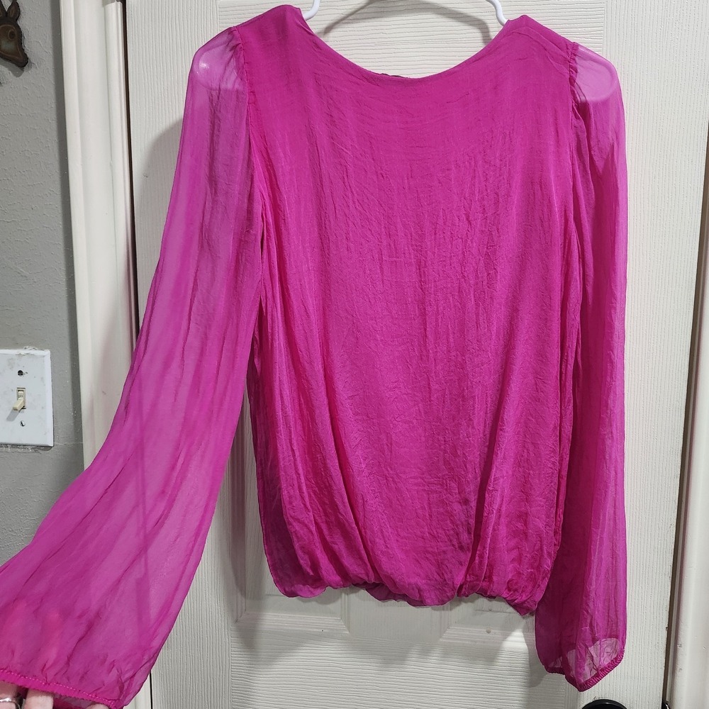 JOSH Made Italy Silk Blouse Womens Fuchsia Pink Sheer Sleeve Keyhole Top - Picture 11 of 12